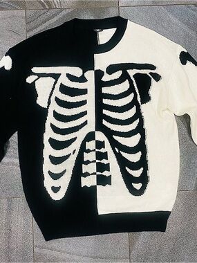 Unisex FSBN Split Two Tone Black & White Skeleton Ribcage Knit Crew Neck Sweater